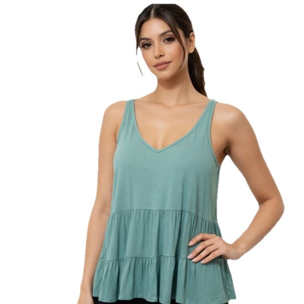 Loft Sage Green Sleeveless Rayon Tank Blouse Ruffle Bottom Linen Feel Sz PL
